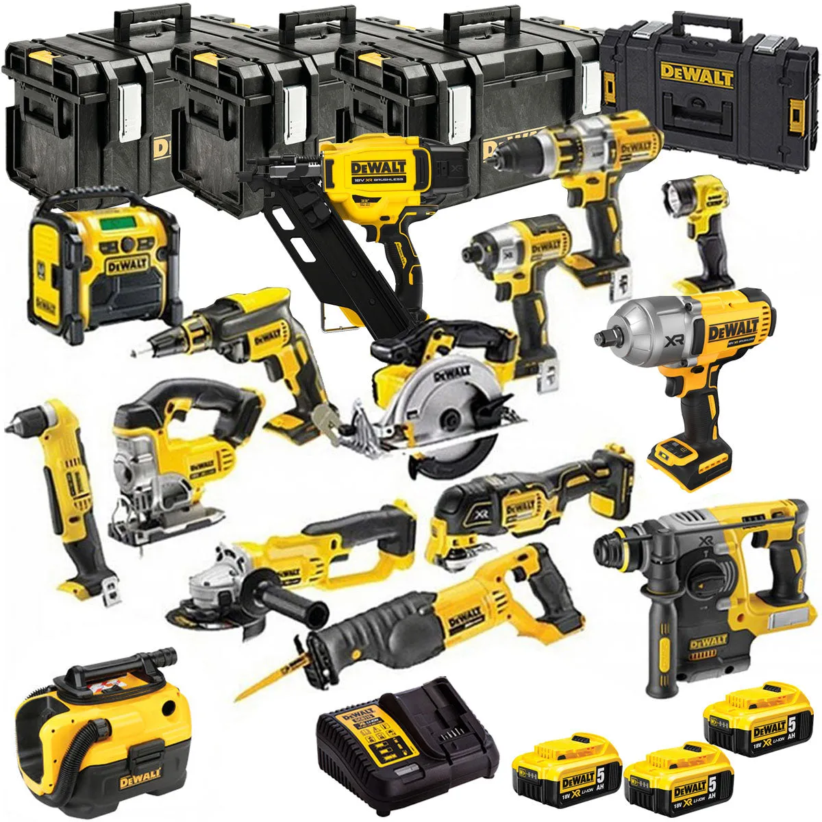 DEWALT 18V XR 15 Piece Jumbo Tool Kit 3 x 5.0Ah Battery Charger & Case T4TKIT-651