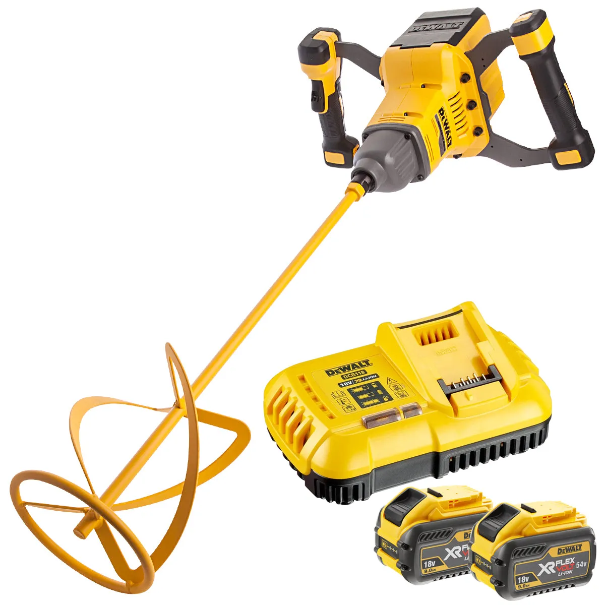 Dewalt DCD240X2 54V Flexvolt Brushless Paddle Mixer with 2 x 9.0/3.0Ah Batteries Charger & Heavy-Duty Kit Bag