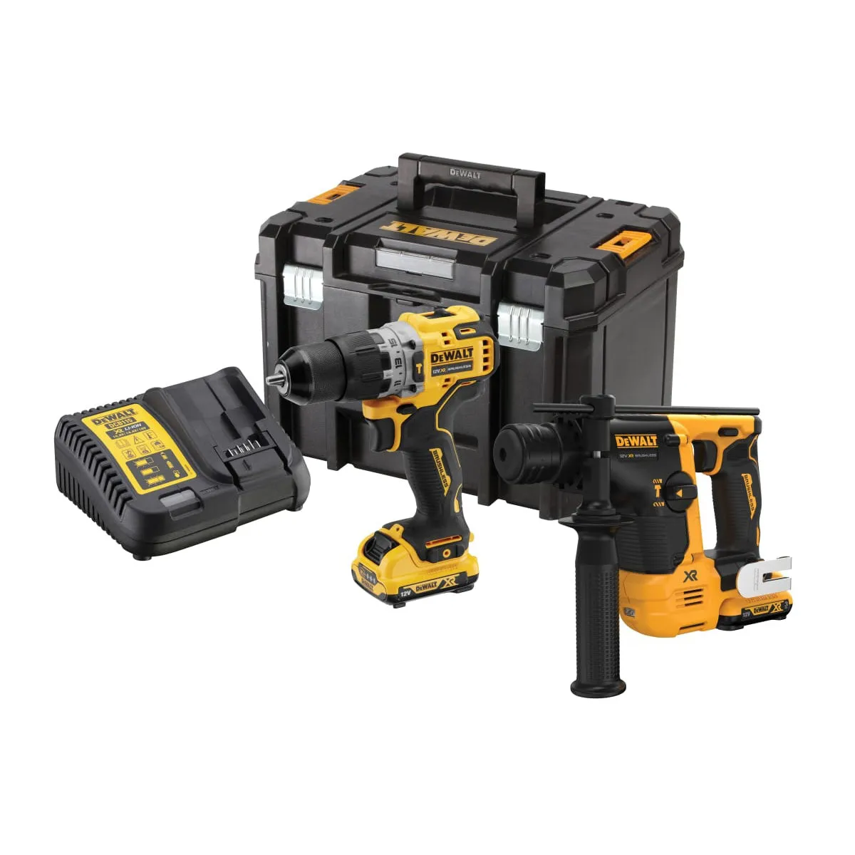 Dewalt DCK2102L2T 12V XR Brushless SDS  Hammer & Combi Drill Twin Pack 2 x 3.0Ah Battery Charger & Kit Box