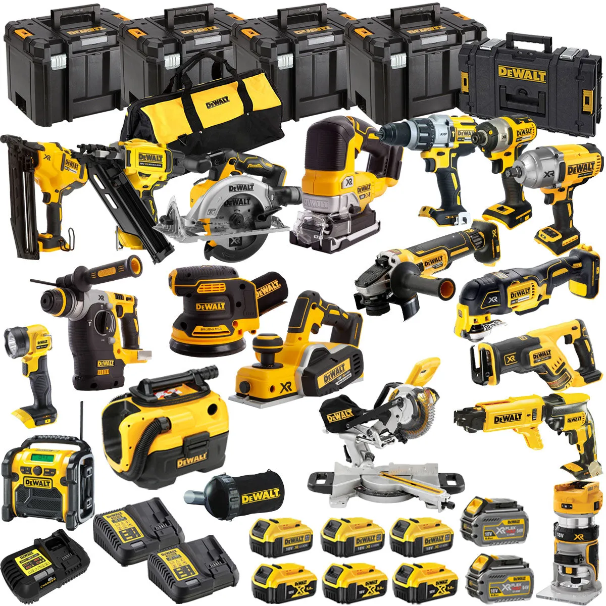 Dewalt DCKT4T19P 18V XR 19 Piece Power Tool Kit with 8 x Battery Charger & TStak Tool Storage