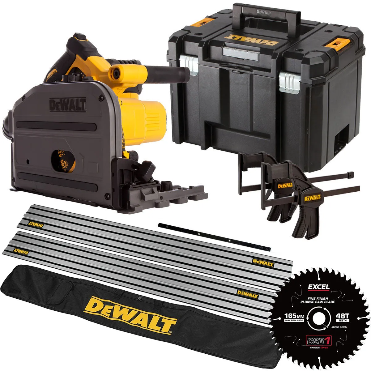 DeWalt DCS520NT 54V XR Flexvolt Brushless 165mm Plunge Saw 2 x 1.5m Guide Rail Clamps with Blade & Case   Rail Bag