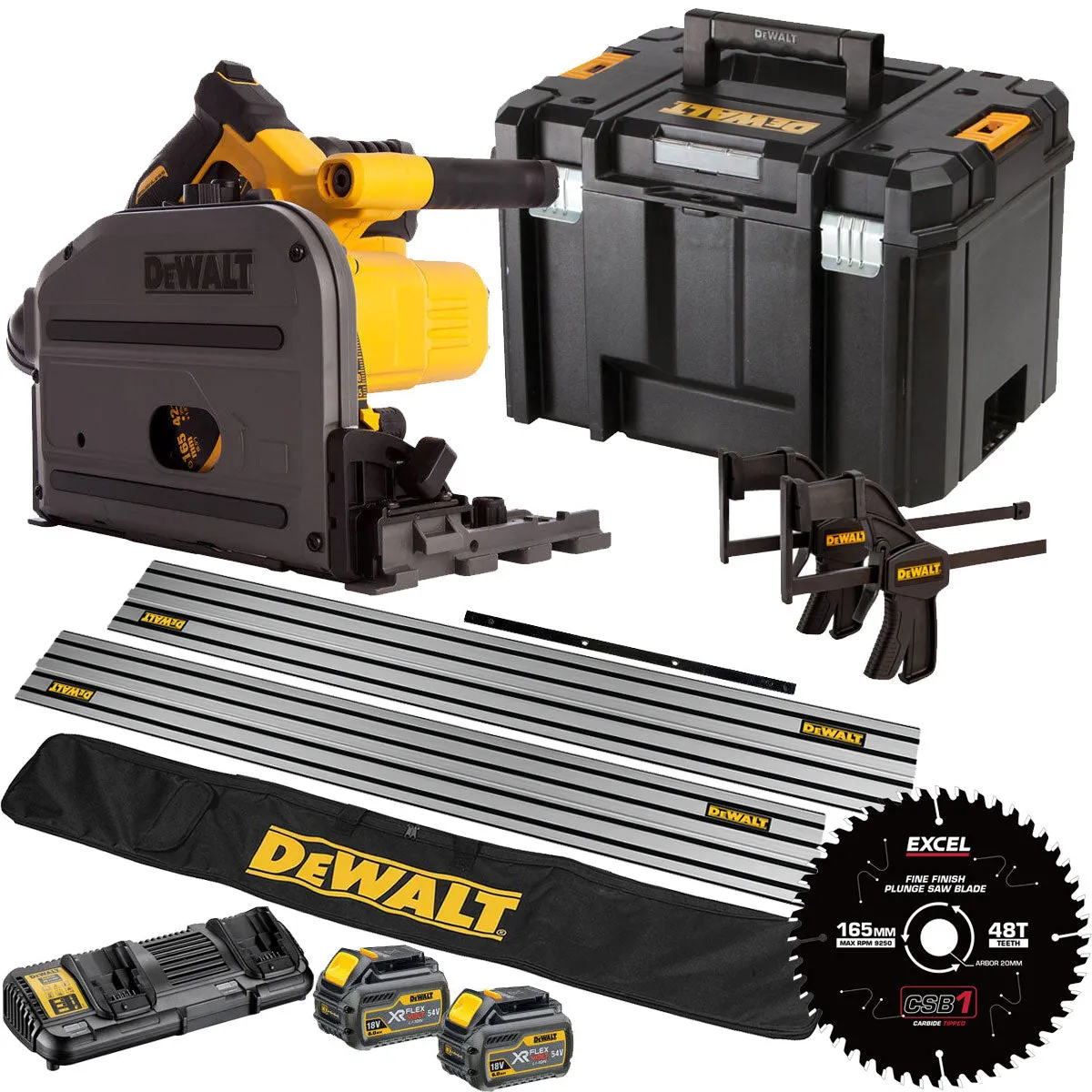 Dewalt DCS520T2 54V Flexvolt Brushless 165mm Plunge Saw 2 x 6.0Ah Battery Dual Port Charger Case. Accessories with Blade