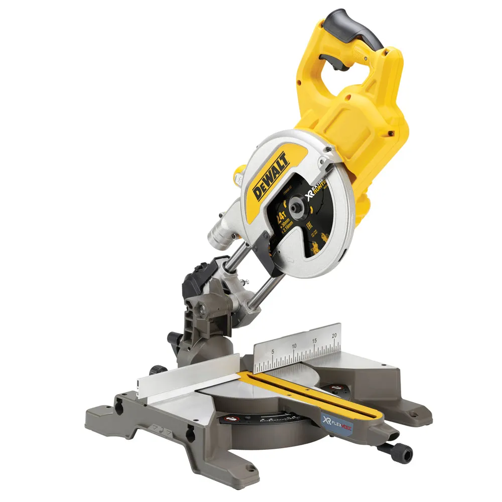 Dewalt DCS777T2 54V Flexvolt Brushless 216mm Mitre Saw with 2 x 6.0Ah Batteries. Charger & DE7033 Leg Stand