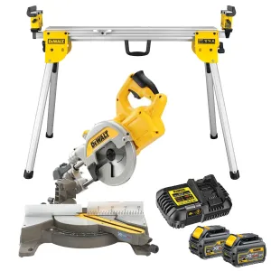 Dewalt DCS777T2 54V Flexvolt Brushless 216mm Mitre Saw with 2 x 6.0Ah Batteries. Charger & DE7033 Leg Stand