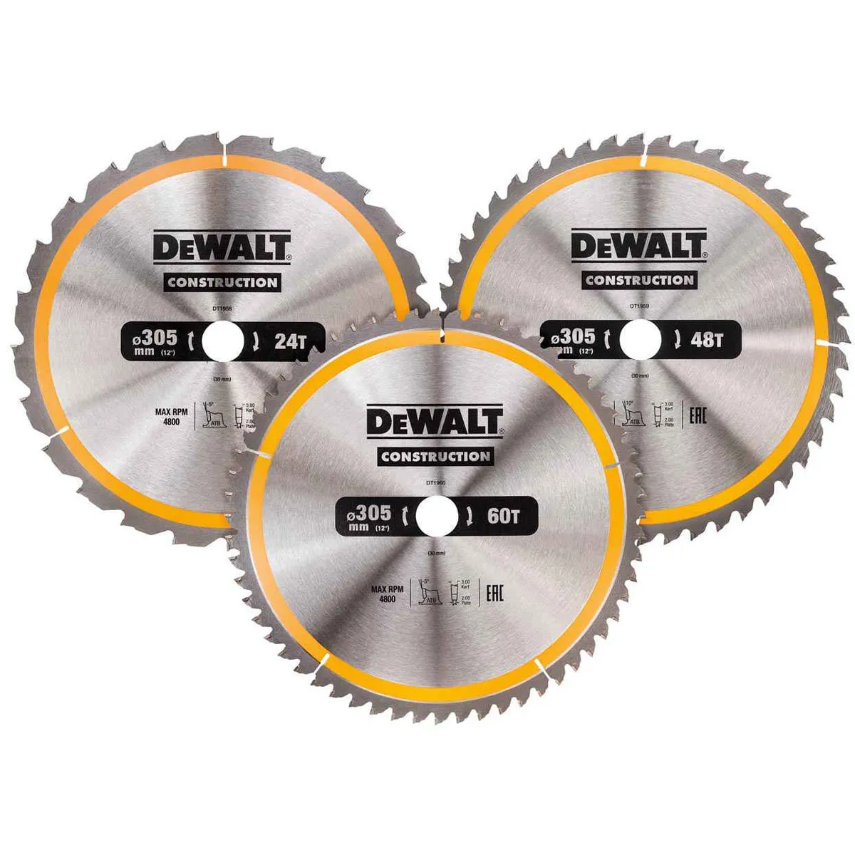 DeWalt DT1964QZ 3-Pack Construction Circular Saw Blades 305mm x 30mm with 24T. 48T & 60T Options
