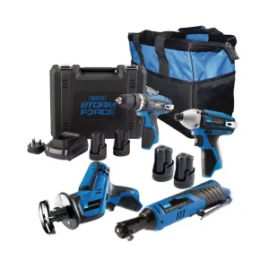 Draper PTK12V4 4 12V Power Tool 4 Piece Kit with 4 x 1.5Ah Batteries. 1 X Fast Charger & Bag 91032