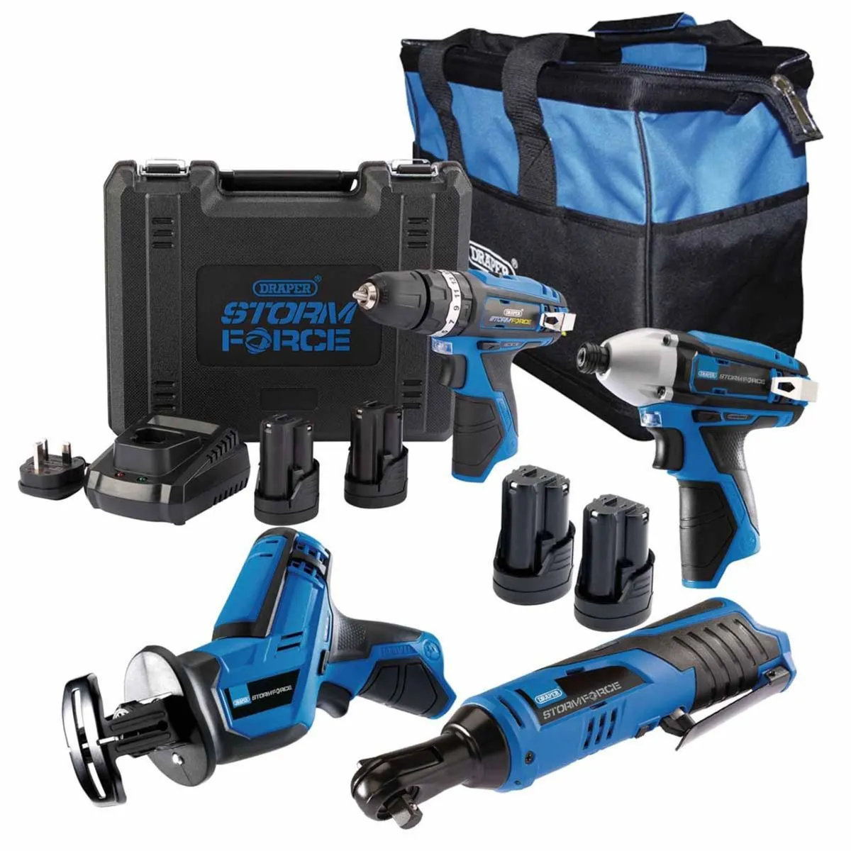 Draper PTK12V4 4 12V Power Tool 4 Piece Kit with 4 x 1.5Ah Batteries. 1 X Fast Charger & Bag 91032