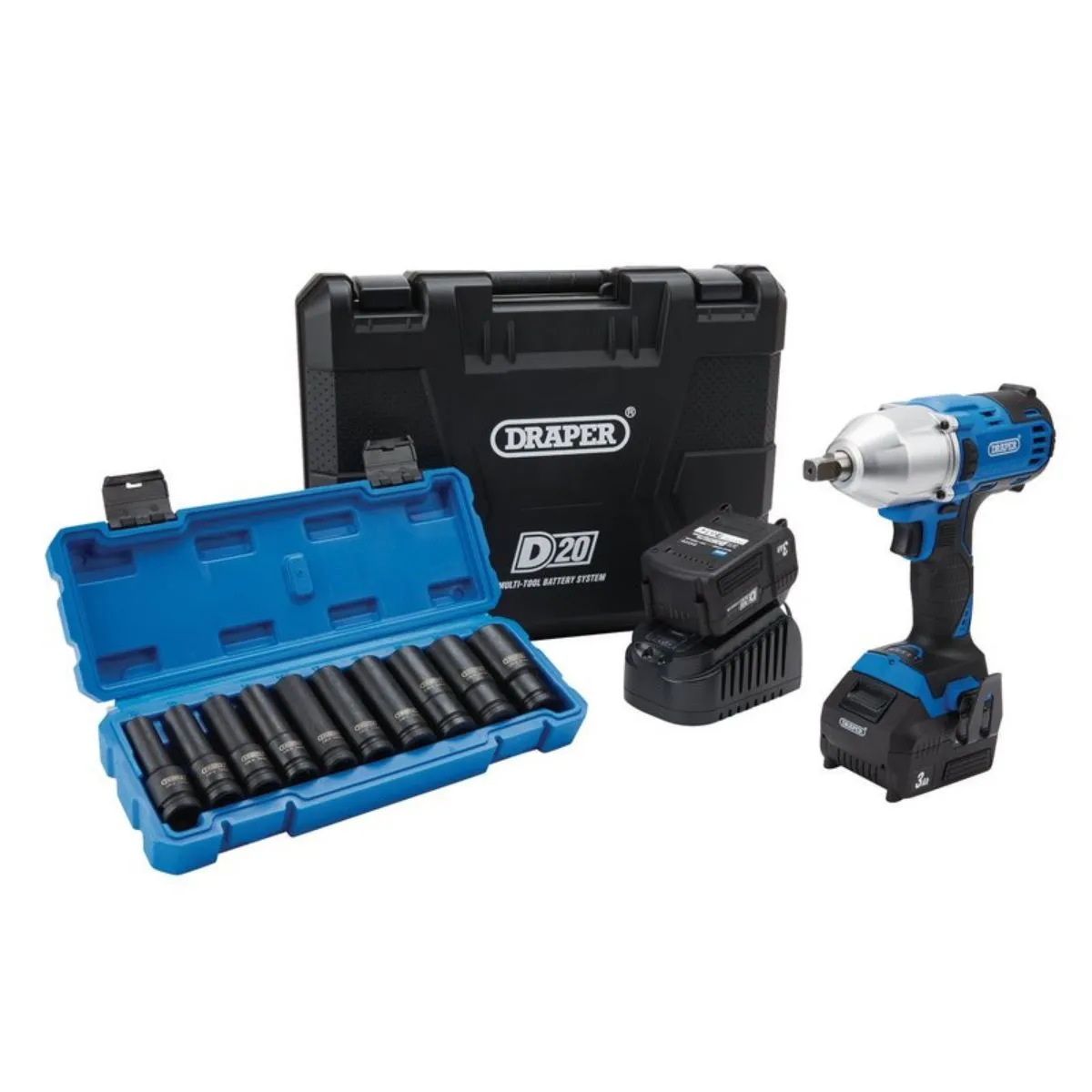 Draper PTKD20/OCT2 20V Impact Wrench Kit 1/2 Sq & Metric Deep Impact Socket Set 10 Pes 04791