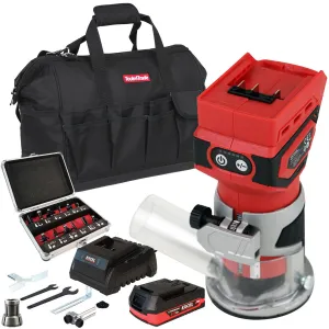 Excel 18V 1/4 Router Trimmer with 1 x 2.0Ah Battery Fast Charger. Bag & 12 Piece Cutter Set