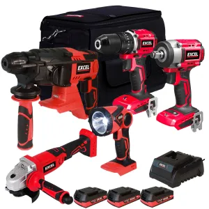 Excel 18V 5 Piece Cordless Power Tool Kit with 3 x 2.0Ah Batteries Charger & 20 Bag