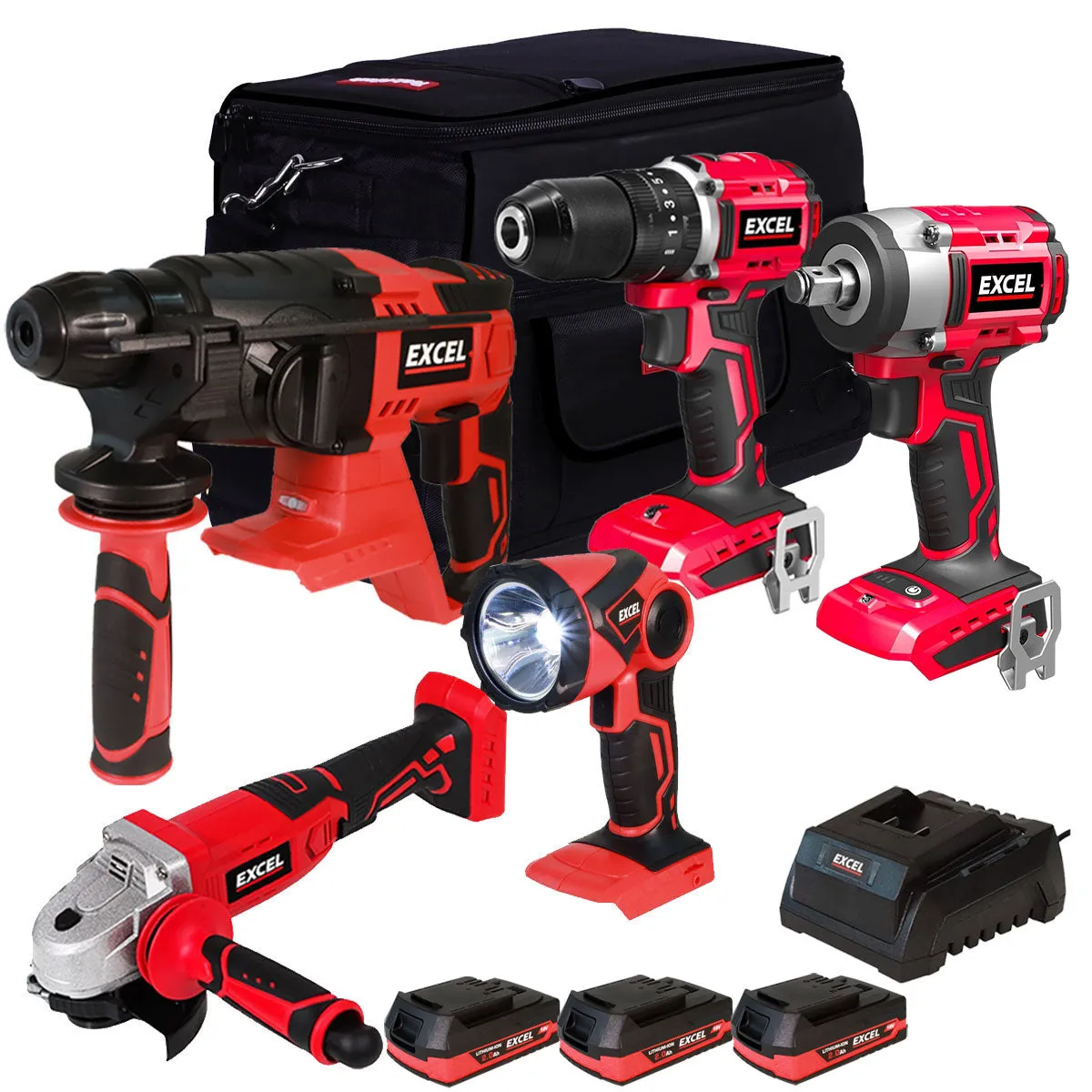 Excel 18V 5 Piece Cordless Power Tool Kit with 3 x 2.0Ah Batteries Charger & 20 Bag