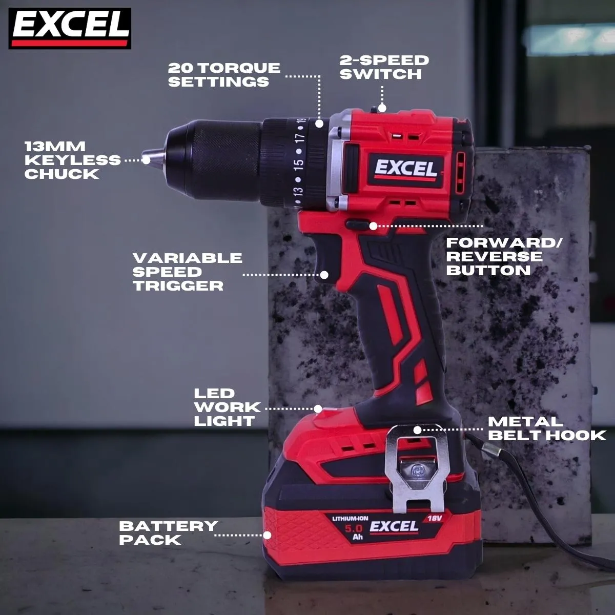 Excel 18V 5 Piece Power Tool Kit with 2 x 4.0Ah Batteries & Charger EXLKIT-16286