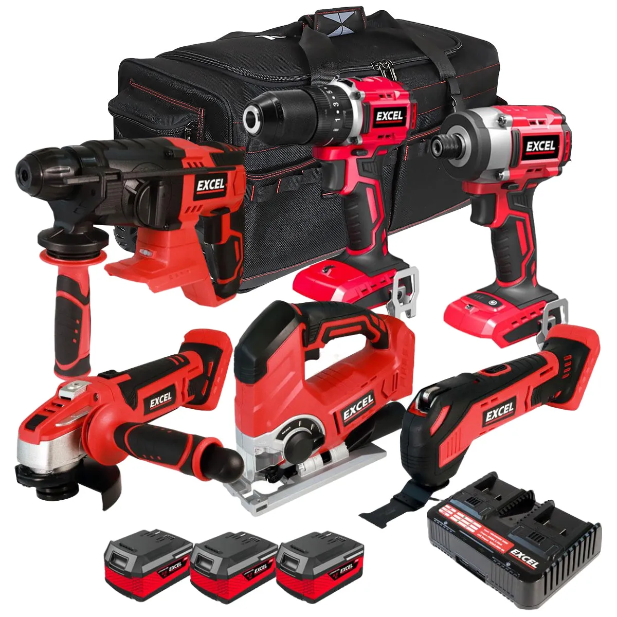 Excel 18V Cordless 6 Piece Tool Kit with 3 x 4.0Ah Batteries & Charger in Bag EXL5226