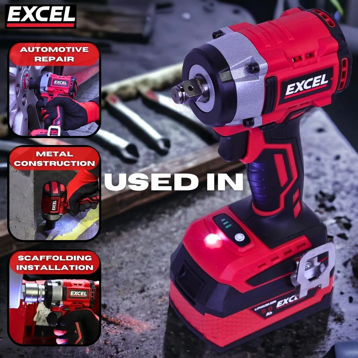 Excel 18V Cordless Brushless 1/2'' Impact Wrench with 1 x 4.0Ah Battery Charger & Bag