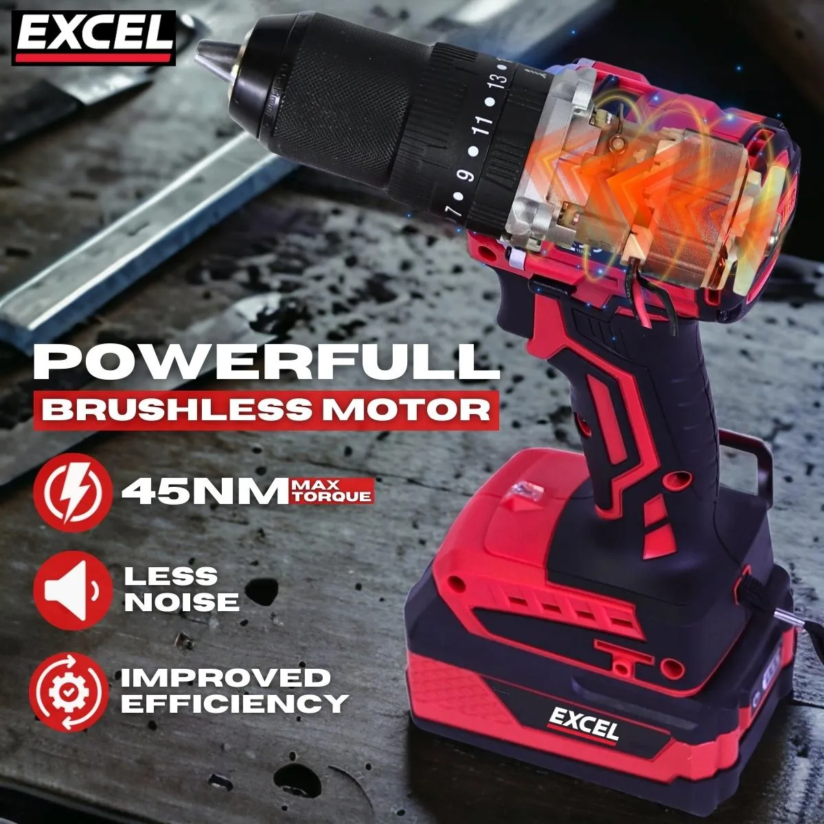 Excel 18V Cordless Brushless Combi Drill with 1 x 4.0Ah Battery Charger & Bag