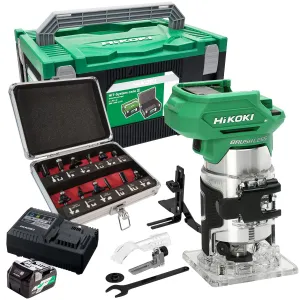 Hikoki M1808DAJ2Z 18V 1/4 Brushless Router Trimmer with 1 x 2.5Ah/5.0Ah Battery Charger & 12 Piece Cutter Set