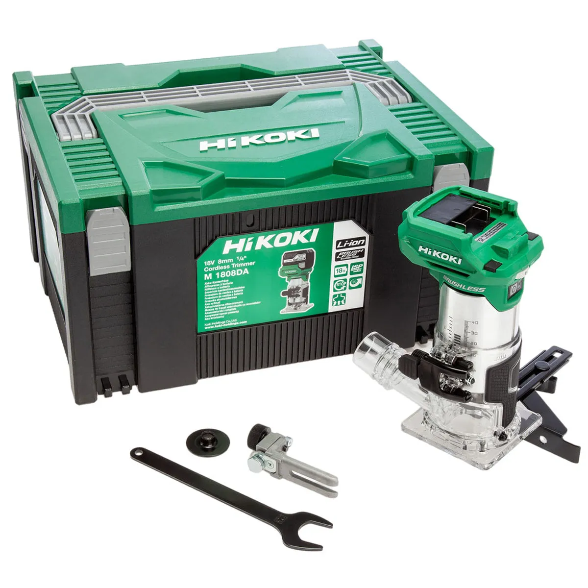 Hikoki M1808DAJ2Z 18V 1/4 Brushless Router Trimmer with 1 x 2.5Ah/5.0Ah Battery Charger & 12 Piece Cutter Set
