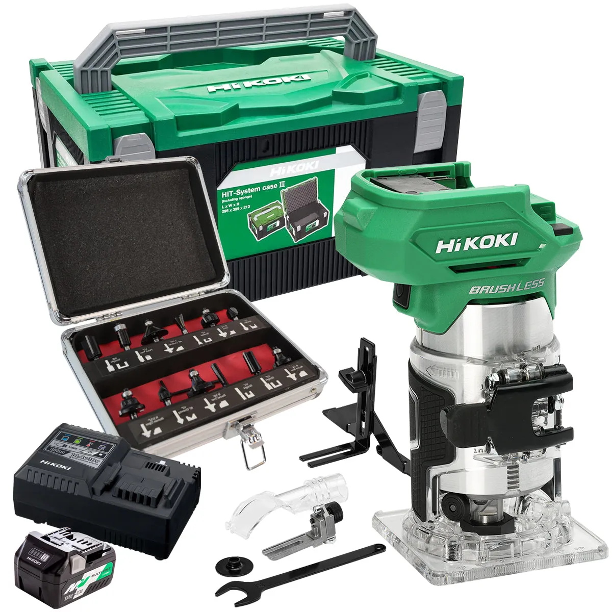 Hikoki M1808DAJ2Z 18V 1/4 Brushless Router Trimmer with 1 x 2.5Ah/5.0Ah Battery Charger & 12 Piece Cutter Set