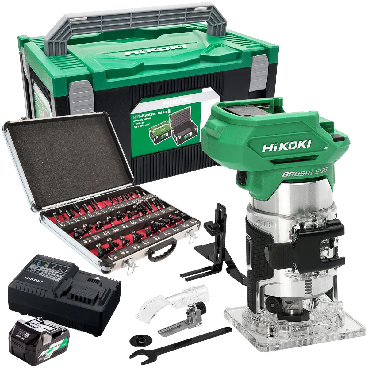 Hikoki M1808DAJ2Z 18V 1/4 Brushless Router Trimmer with 1 x 2.5Ah/5.0Ah Battery Charger & 35 Piece Cutter Set