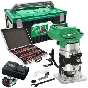 Hikoki M1808DAJ2Z 18V 1/4 Brushless Router Trimmer with 1 x 2.5Ah/5.0Ah Battery Charger & 35 Piece Cutter Set