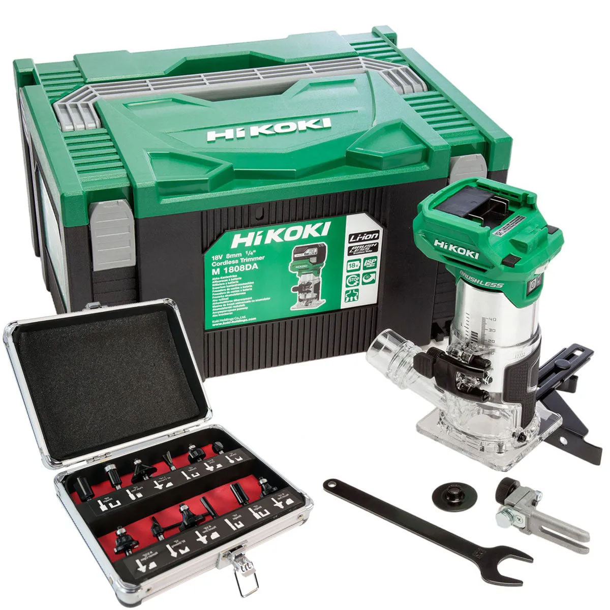 Hikoki M1808DAJ2Z 18V 1/4 Brushless Router Trimmer with 12 Piece Cutter Set
