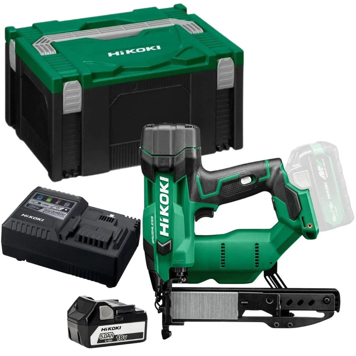 Hikoki N1804DAW6Z 18V Brushless 2nd Generation 18G Narrow Crown Stapler with 1 x 5.0Ah Battery Charger & Case
