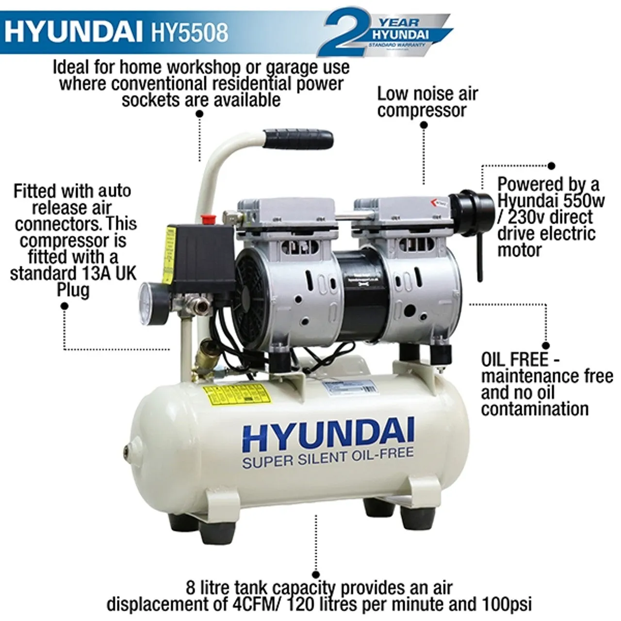 Hyundai HY5508 8L Oil Free Low Noise Portable Air Compressor Direct Drive 550W/230V Efficient Performance