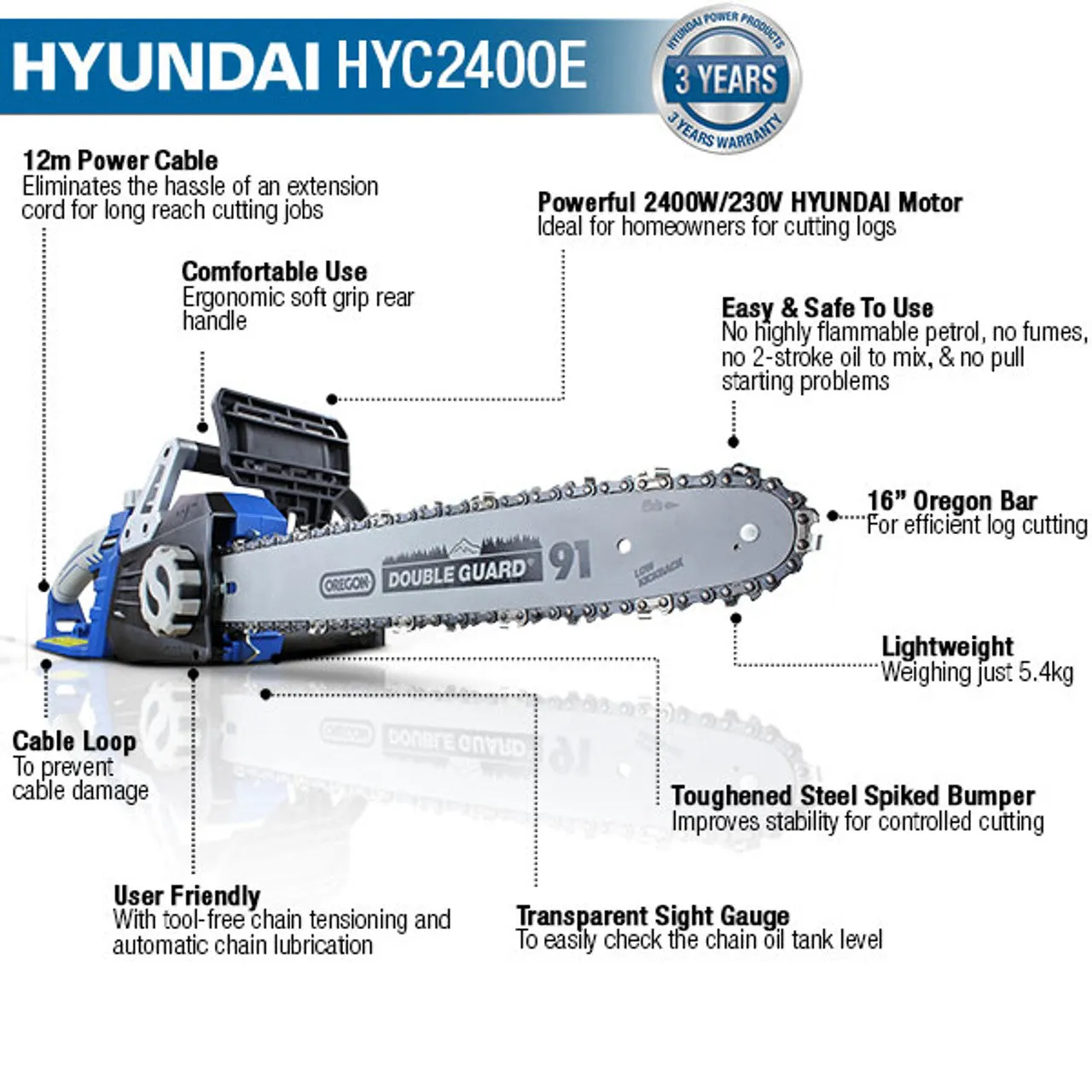 Hyundai HYC2400E 40cm Electric Chainsaw 230V/2400W Motor for Powerful Cutting and Precision