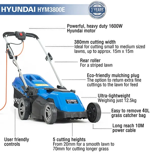 Hyundai HYM3800E 38cm Electric Lawn Mower with Rear Roller. Mulch Function & 40L Grass Bag 230V/1600W