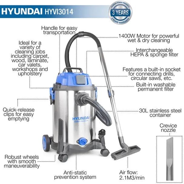 Hyundai HYVI3014 3-In-1 Wet and Dry HEPA Filtration Electric Vacuum Cleaner 230V/1400W