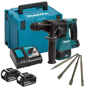Makita DHR243RTJ 18V Brushless SDS  Rotary Hammer Drill With 2 x 5.0Ah Battery. Charger & 4 Piece Chisel