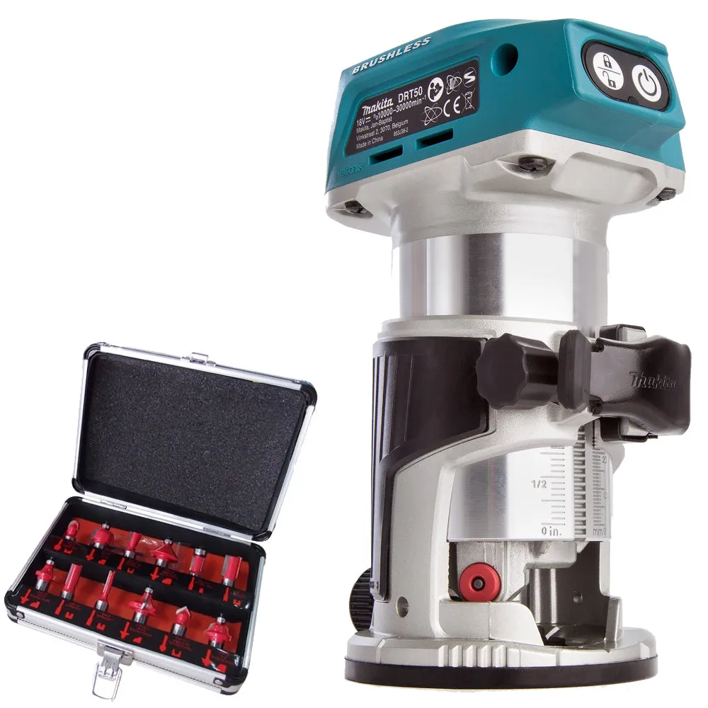 Makita DRT50Z 18V Li-ion Brushless Router Trimmer with 1/4 12 Piece Cutter Set