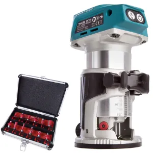 Makita DRT50Z 18V Li-ion Brushless Router Trimmer with 1/4 12 Piece Cutter Set