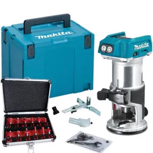 Makita DRT50ZJ 18V Brushless 1/4 Router Trimmer Case   12 Pcs Router Cutter Set