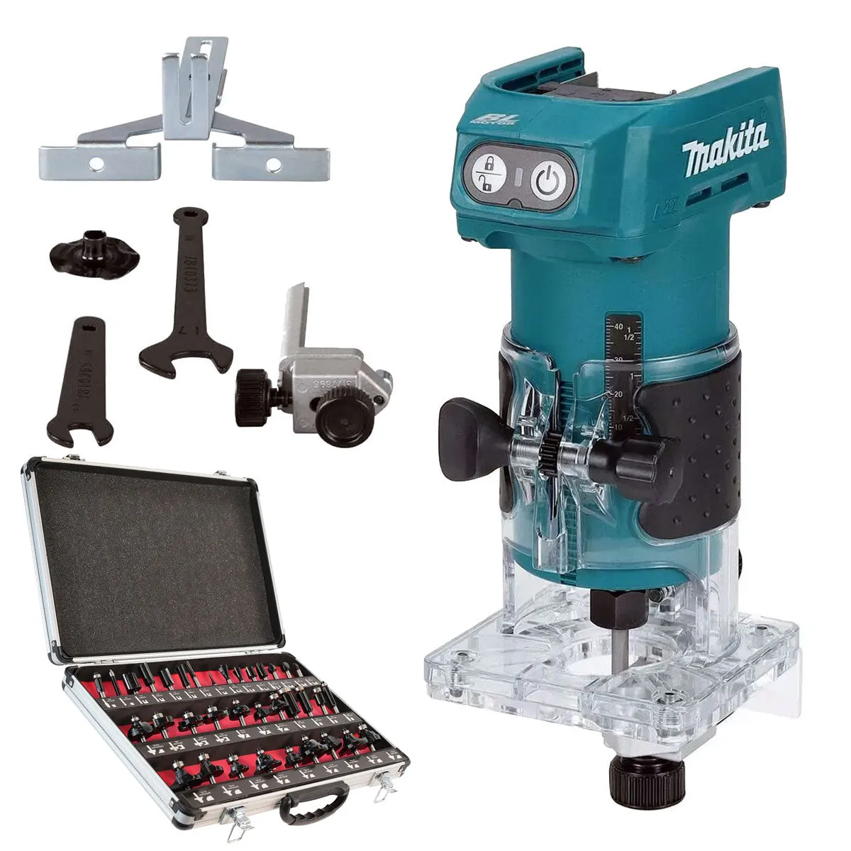 Makita DRT52Z 18V LXT Brushless 1/4 Router Trimmer with 35 Piece Cutter Set