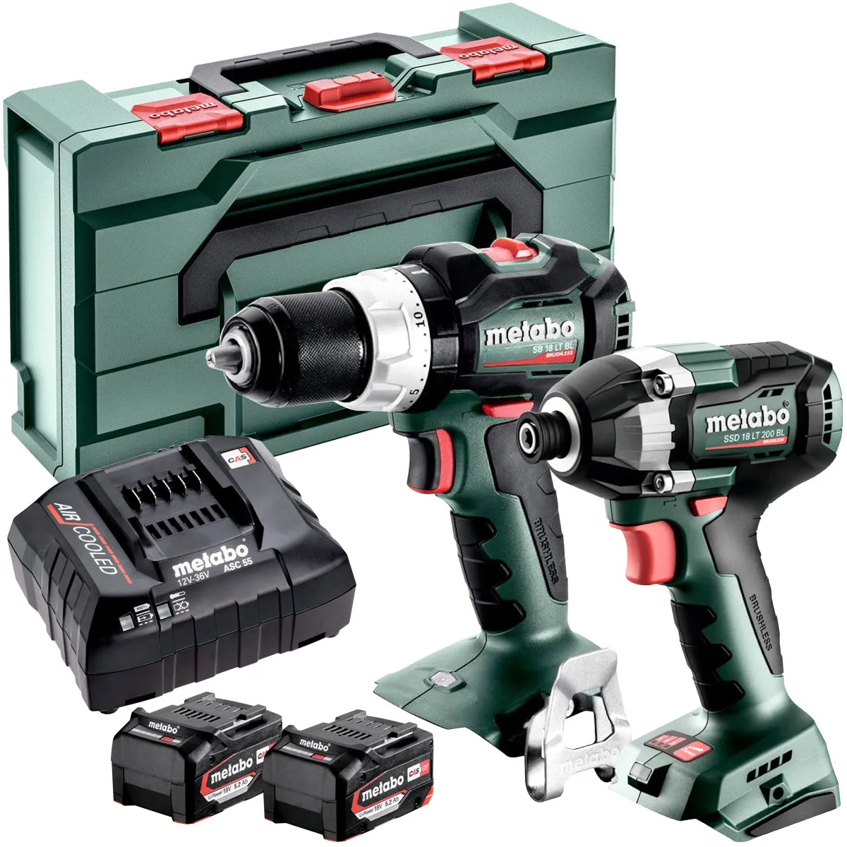 Metabo Combo Set 2.8.8 18V Brushless Hammer Drill & Impact Driver with 2 x 5.2Ah Batteries. Charger in Case
