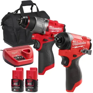 Milwaukee 12V Twin Pack Brushless Impact Driver   Combi Drill with 2 x 2.0Ah Battery Charger & Bag