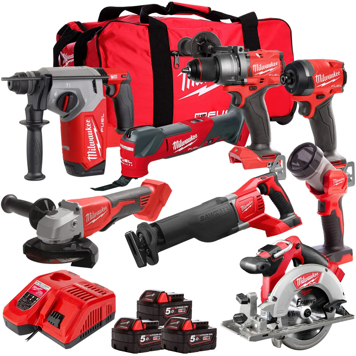 Milwaukee 18V 8 Piece Power Tool Kit with 3 x 5.0Ah Batteries T4TM-21