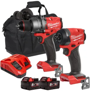 Milwaukee 18V Brushless Twin Pack Impact Driver   Combi Drill with 2 x 5.0Ah Battery T4TKIT-16181