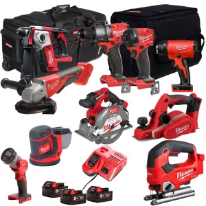 Milwaukee 18V Cordless 10 Piece Tool Kit with 3 x 5.0Ah Batteries & Charger in Bag T4TKIT-507
