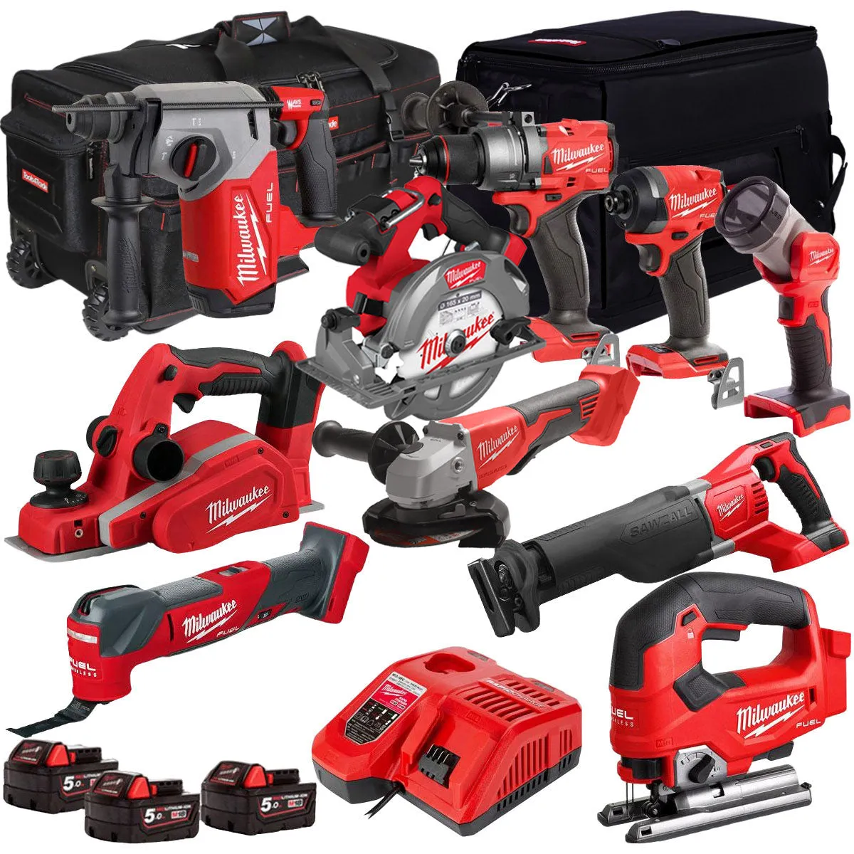 Milwaukee 18V Cordless 10 Piece Tool Kit with 3 x 5.0Ah Batteries & Charger in Bag T4TM-8