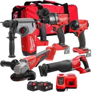 Milwaukee 18V Cordless 5 Piece Tool Kit with 2 x 5.0Ah Batteries & Charger in Bag T4TM-16