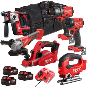 Milwaukee 18V Cordless 6 Piece Tool Kit with 3 x 5.0Ah Batteries & Charger in Bag T4TM-17