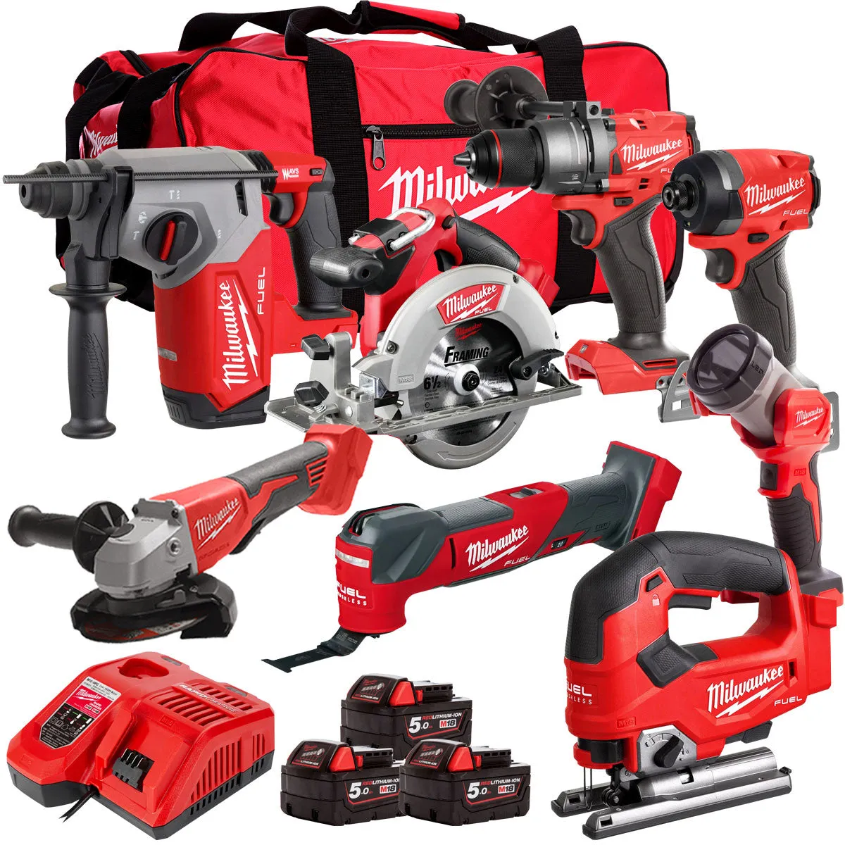 Milwaukee 18V Cordless 8 Piece Tool Kit with 3 x 5.0Ah Batteries & Charger in Bag T4TM-2
