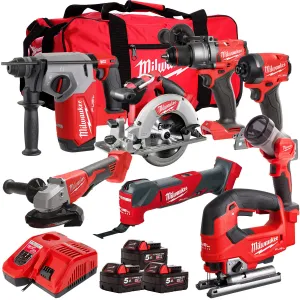 Milwaukee 18V Cordless 8 Piece Tool Kit with 3 x 5.0Ah Batteries & Charger in Bag T4TM-2