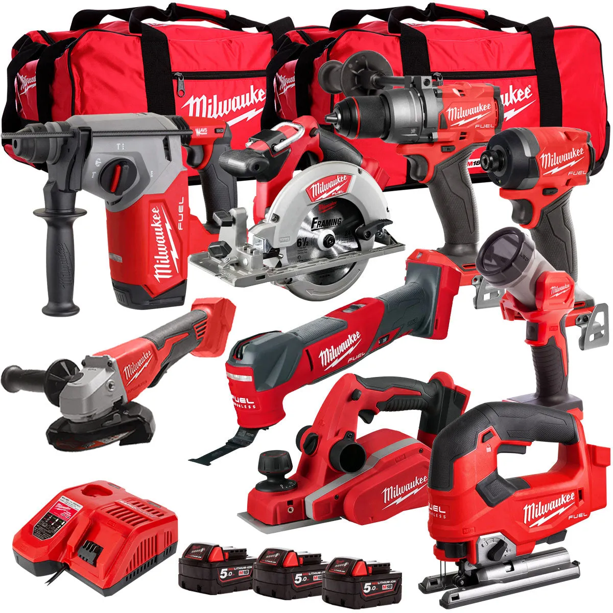 Milwaukee 18V Cordless 9 Piece Tool Kit with 3 x 5.0Ah Batteries & Charger in Bag T4TM-5