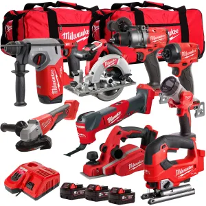 Milwaukee 18V Cordless 9 Piece Tool Kit with 3 x 5.0Ah Batteries & Charger in Bag T4TM-5