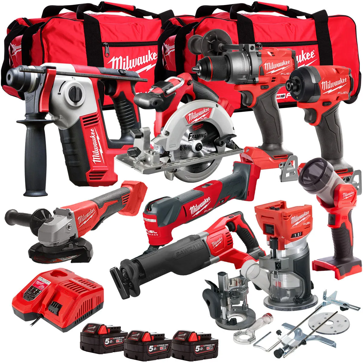 Milwaukee 18V Cordless 9 Piece Tool Kit with 3 x 5.0Ah Batteries & Charger in Bag T4TM-6