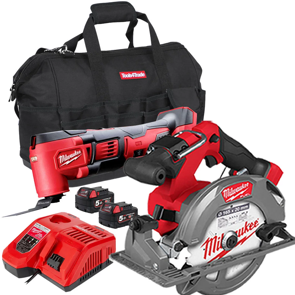 Milwaukee 18V Multi Tool   Circular Saw With 2 x 5.0Ah Batteries & Charger In Bag T4TKIT-162