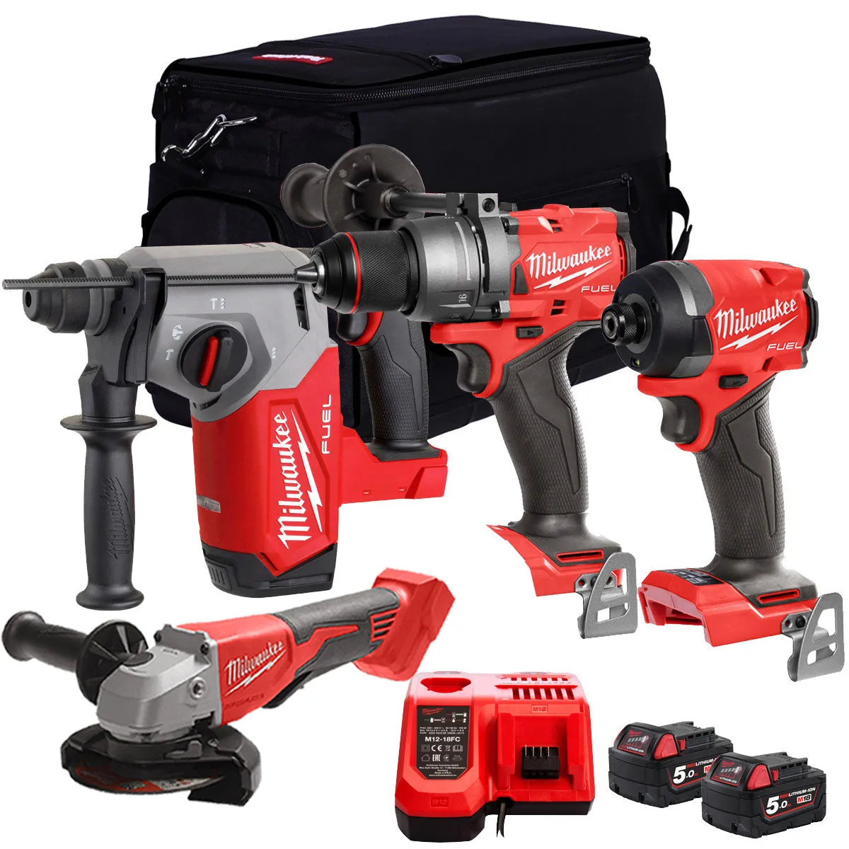 Milwaukee M18FPP4Z-503B 18V 4 Piece Power Tool Kit With 2 x 5.0Ah Batteries Charger & Bag